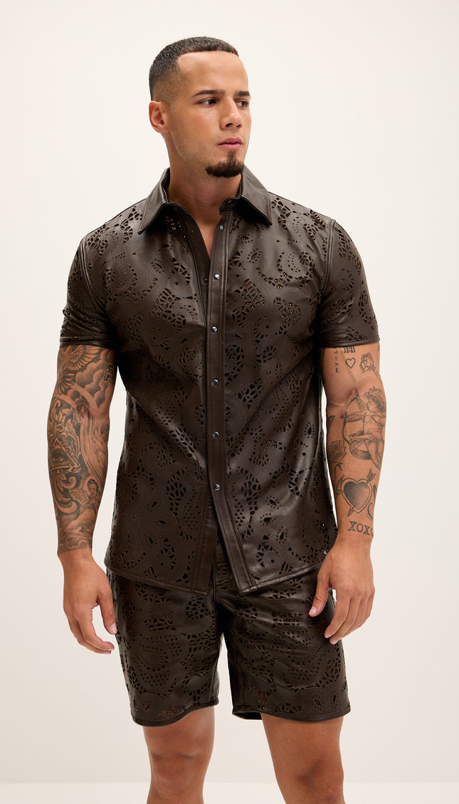 Cut - out Laser Leather Shirt - Dark Brown - Ron Tomson