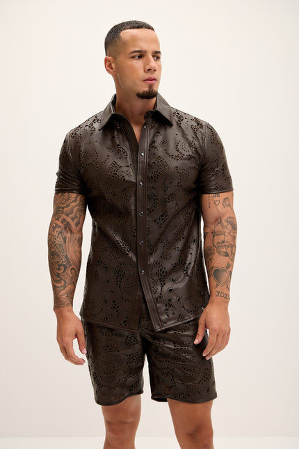 Men's Cut-out Laser Leather Shirt - Dark Brown - Ron Tomson