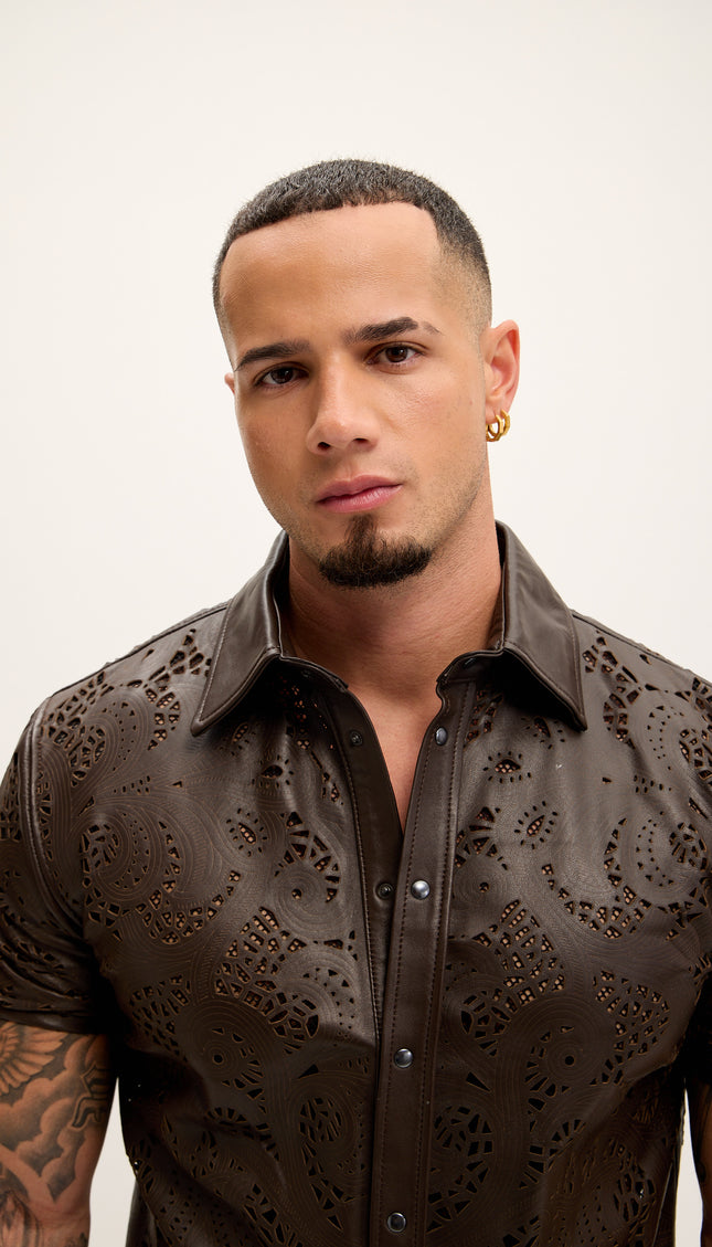 Cut - out Laser Leather Shirt - Dark Brown - Ron Tomson