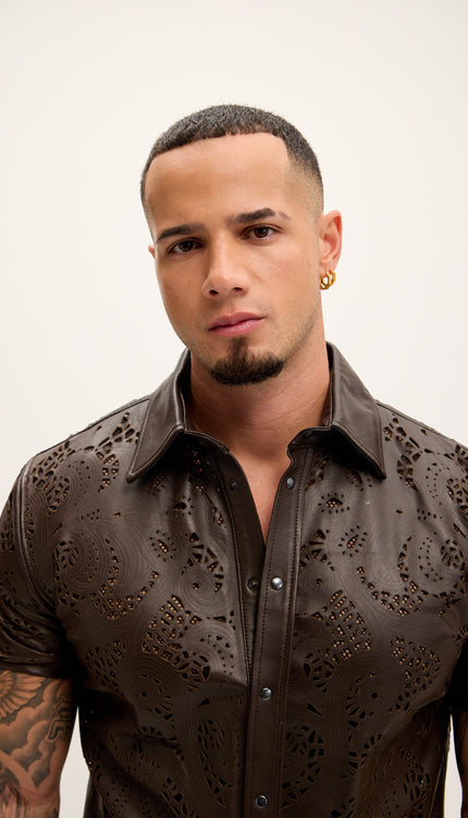 Cut - out Laser Leather Shirt - Dark Brown - Ron Tomson