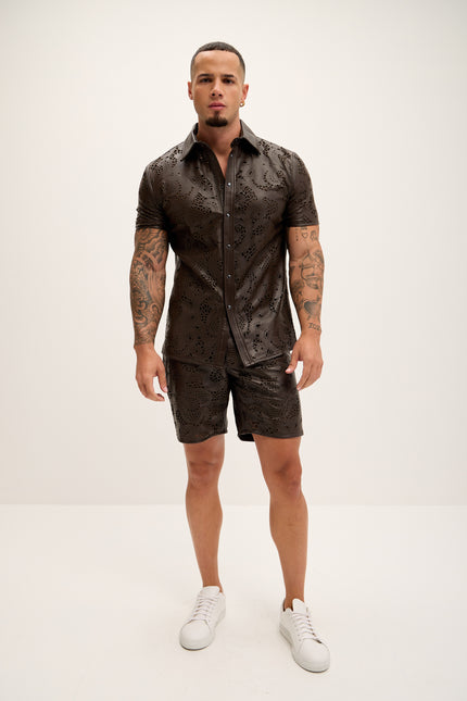 Men's Cut-out Laser Leather Shirt - Dark Brown - Ron Tomson Leather