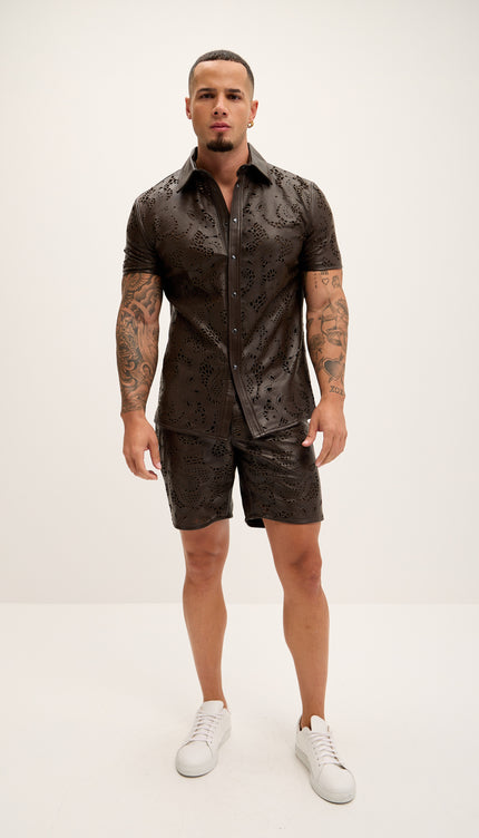 Cut - out Laser Leather Shirt - Dark Brown - Ron Tomson