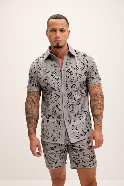 Men's Cut-out Laser Leather Shirt - Grey - Ron Tomson