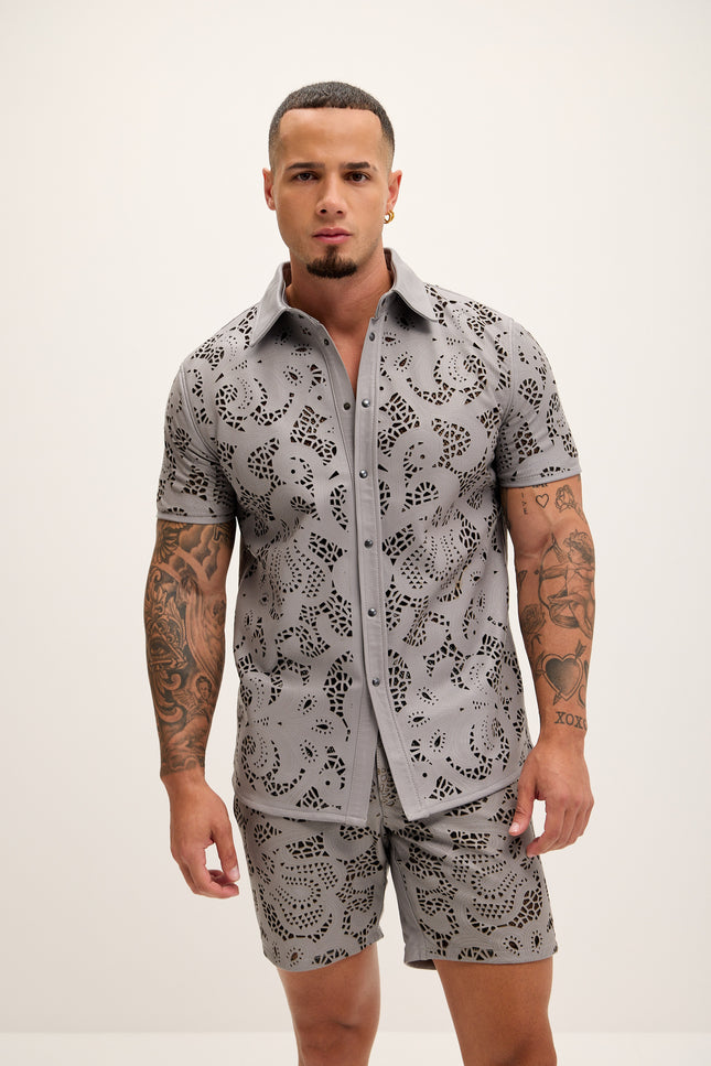 Men's Cut-out Laser Leather Shirt - Grey - Ron Tomson