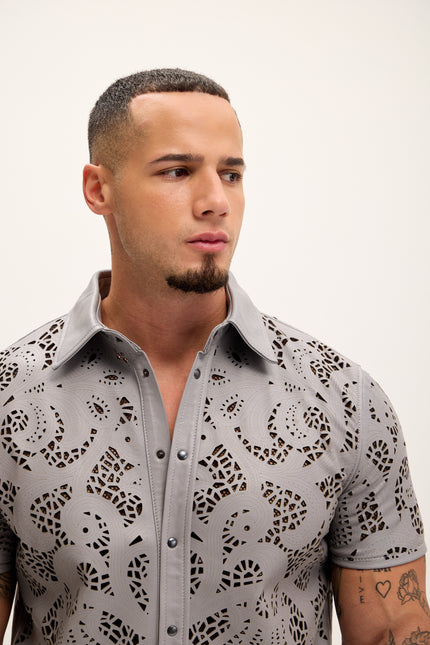 Men's Cut-out Laser Leather Shirt - Grey - Ron Tomson Leather