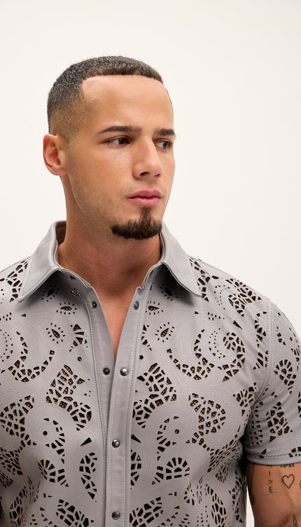 Cut - out Laser Leather Shirt - Grey - Ron Tomson