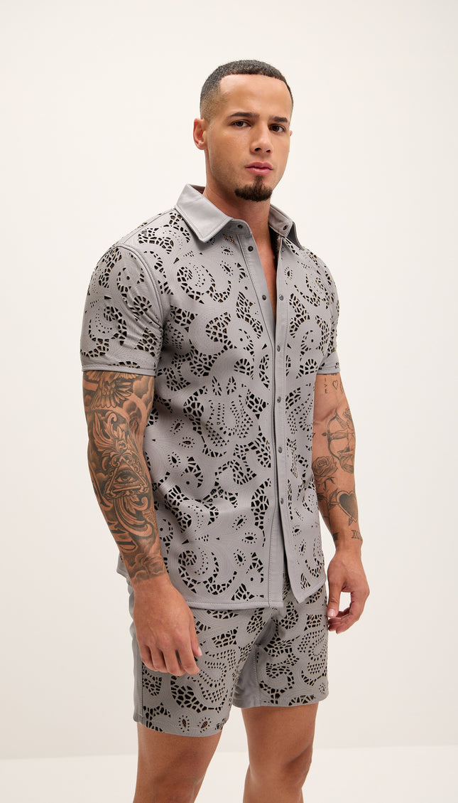 Cut - out Laser Leather Shirt - Grey - Ron Tomson