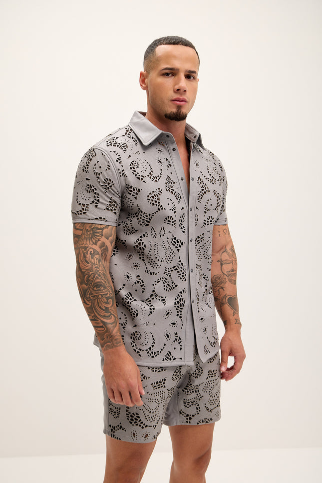Men's Cut-out Laser Leather Shirt - Grey - Ron Tomson Leather