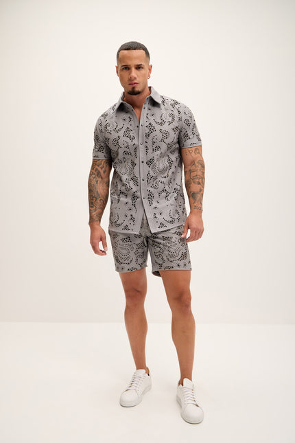 Men's Cut-out Laser Leather Shirt - Grey - Ron Tomson Leather