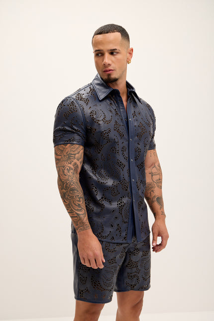 Men's Cut-out Laser Leather Shirt - Navy - Ron Tomson Leather