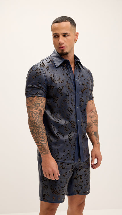 Cut - out Laser Leather Shirt - Navy - Ron Tomson