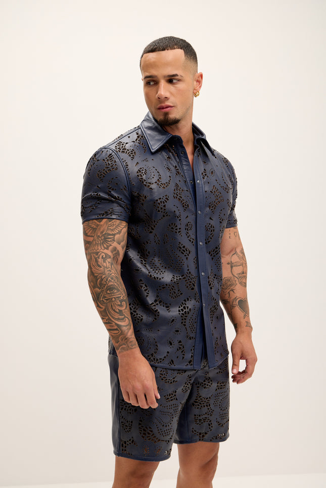 Men's Cut-out Laser Leather Shirt - Navy - Ron Tomson Leather