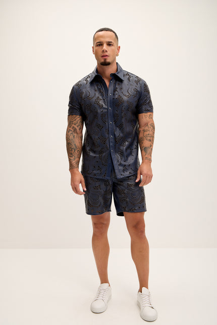 Men's Cut-out Laser Leather Shirt - Navy - Ron Tomson Leather