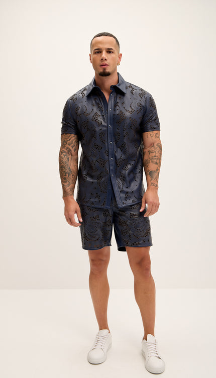 Cut - out Laser Leather Shirt - Navy - Ron Tomson