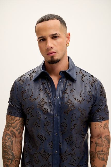Men's Cut-out Laser Leather Shirt - Navy - Ron Tomson Leather