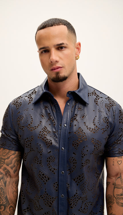 Cut - out Laser Leather Shirt - Navy - Ron Tomson