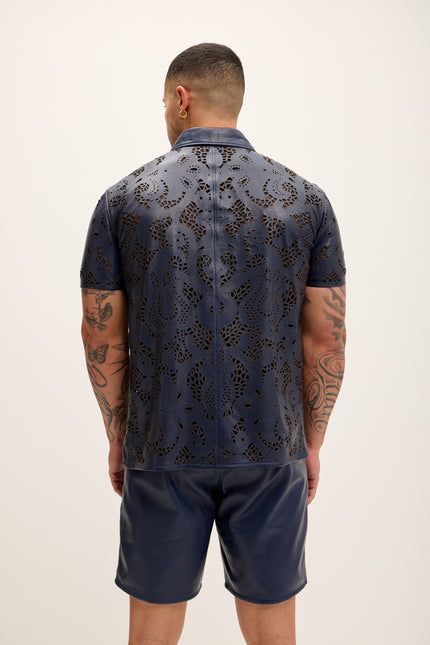 Men's Cut-out Laser Leather Shirt - Navy - Ron Tomson Leather