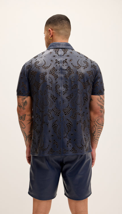 Cut - out Laser Leather Shirt - Navy - Ron Tomson
