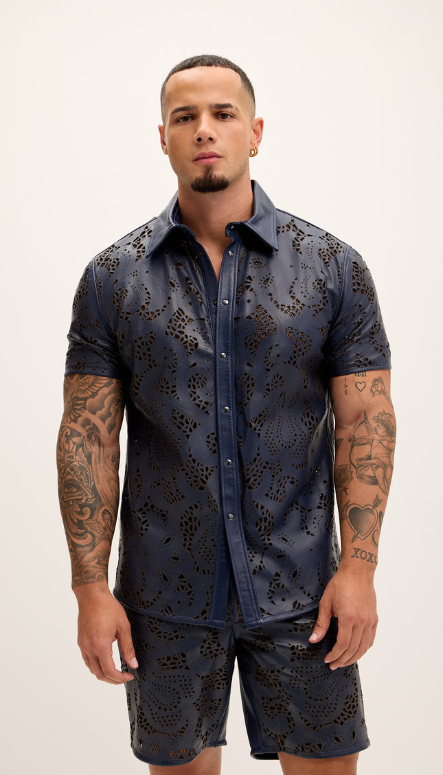 Cut - out Laser Leather Shirt - Navy - Ron Tomson