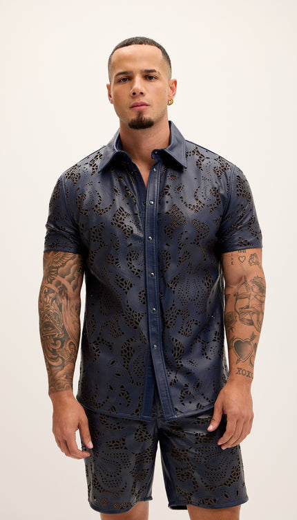 Cut - out Laser Leather Shirt - Navy - Ron Tomson