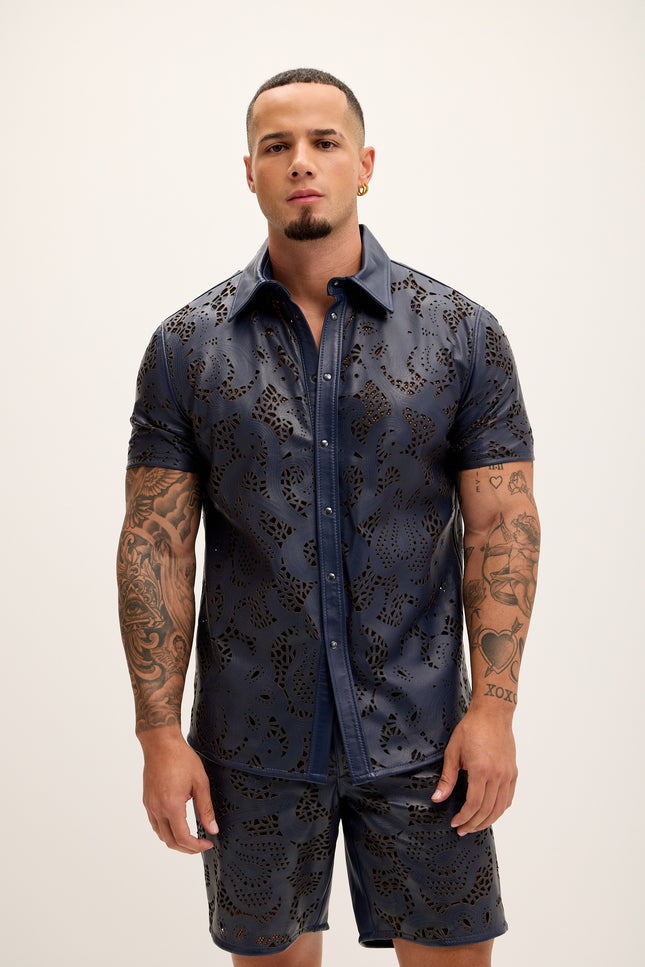 Men's Cut-out Laser Leather Shirt - Navy - Ron Tomson