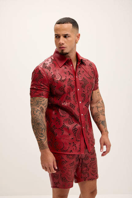 Men's Cut-out Laser Leather Shirt - Red - Ron Tomson Leather