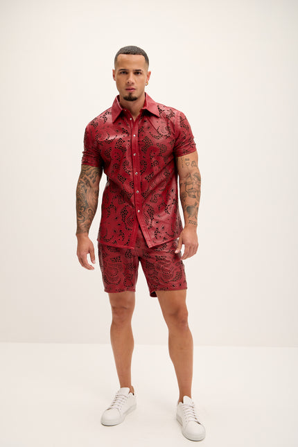 Men's Cut-out Laser Leather Shirt - Red - Ron Tomson Leather