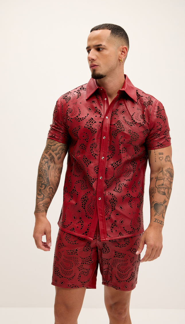 Cut - out Laser Leather Shirt - Red - Ron Tomson