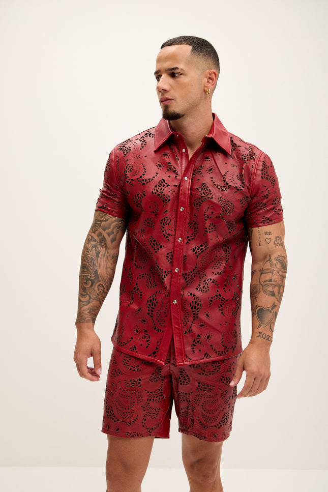 Men's Cut-out Laser Leather Shirt - Red - Ron Tomson
