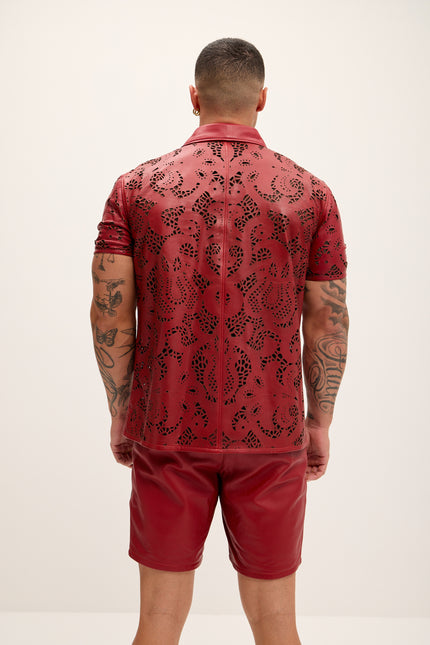 Men's Cut-out Laser Leather Shirt - Red - Ron Tomson Leather