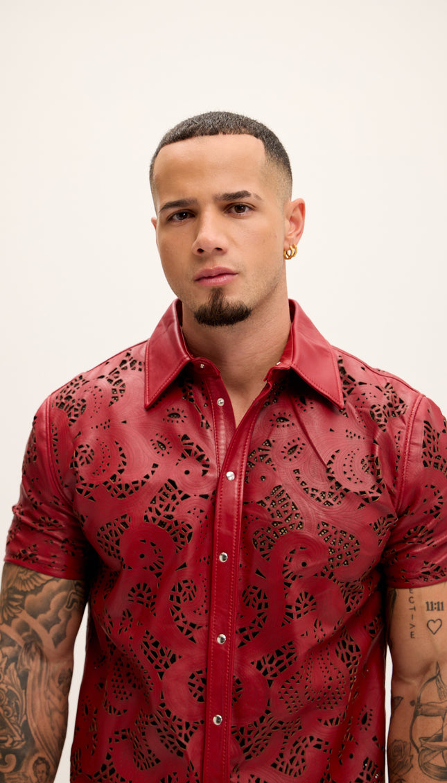 Cut - out Laser Leather Shirt - Red - Ron Tomson