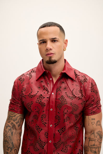 Men's Cut-out Laser Leather Shirt - Red - Ron Tomson Leather