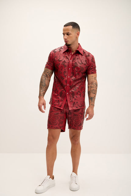 Men's Cut-out Laser Leather Shirt - Red - Ron Tomson Leather
