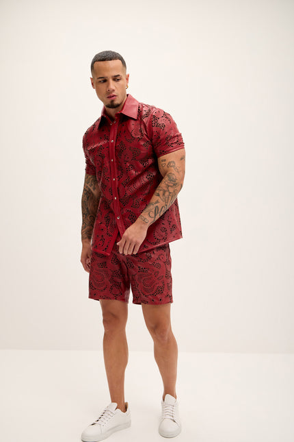 Men's Cut-out Laser Leather Shirt - Red - Ron Tomson Leather