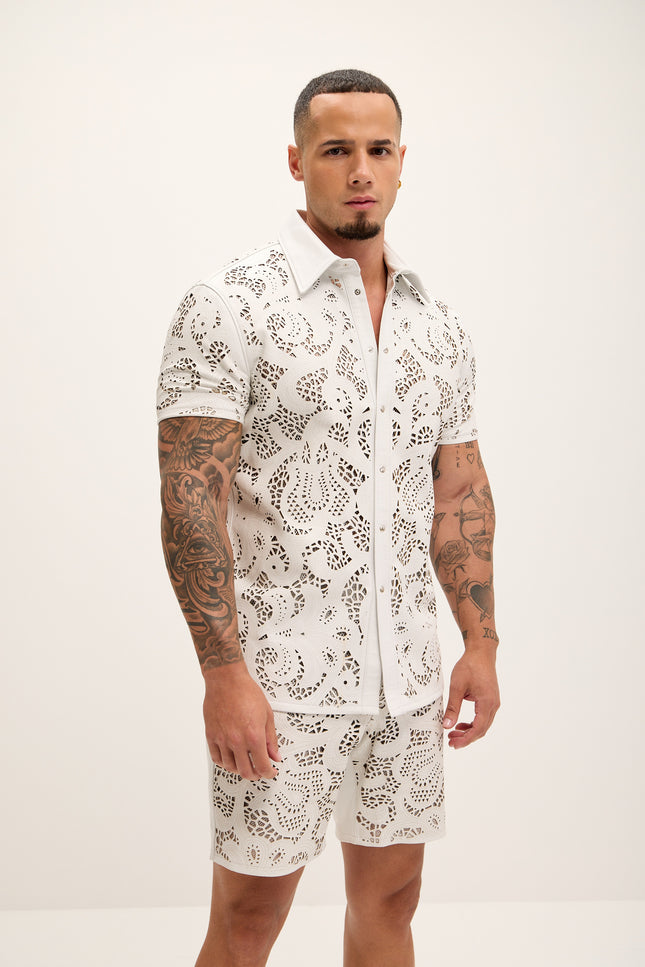 Men's Cut-out Laser Leather Shirt - White - Ron Tomson Leather