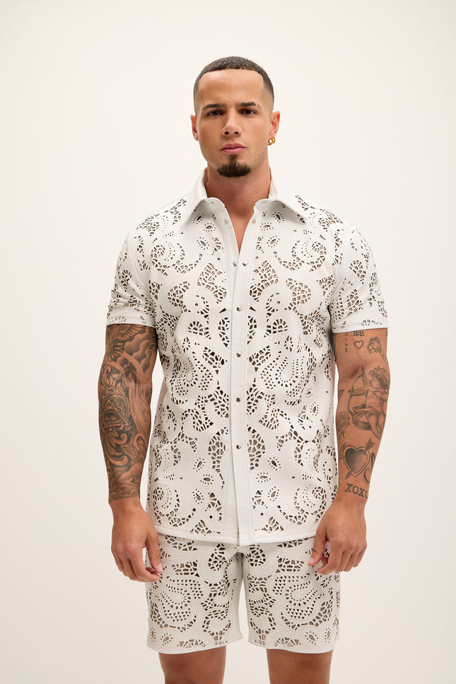 Men's Cut-out Laser Leather Shirt - White - Ron Tomson