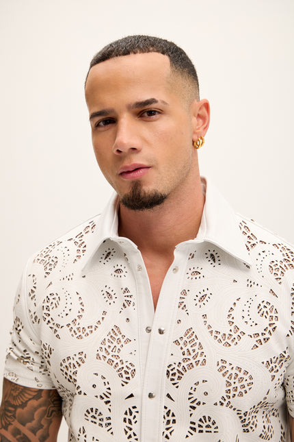 Men's Cut-out Laser Leather Shirt - White - Ron Tomson Leather