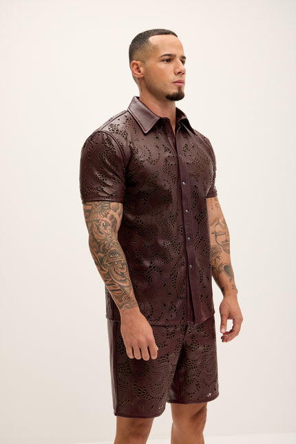 Men's Cut-out Laser Leather Shirt - Wine - Ron Tomson Leather