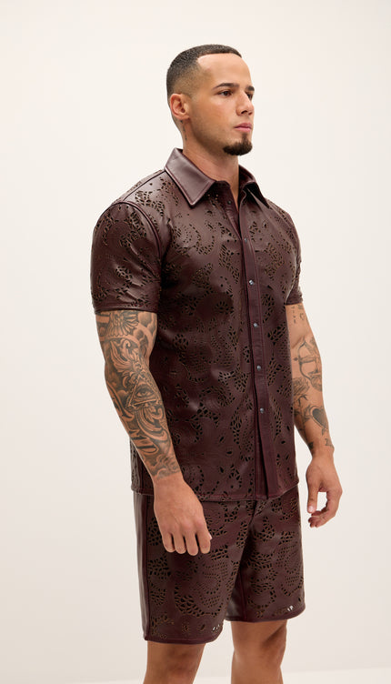 Cut - out Laser Leather Shirt - Wine - Ron Tomson