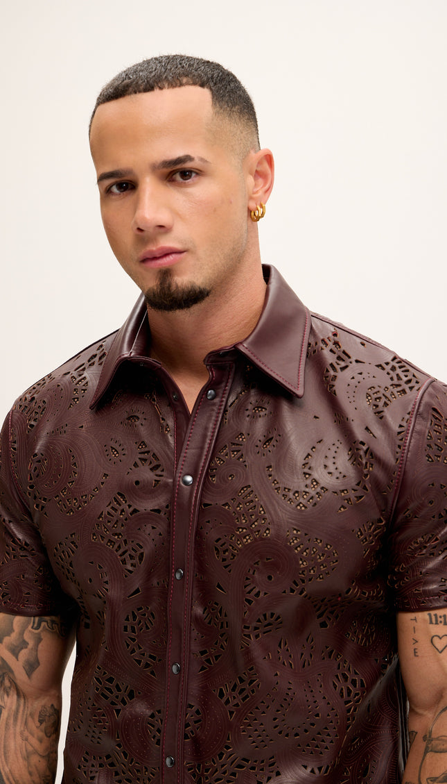 Cut - out Laser Leather Shirt - Wine - Ron Tomson