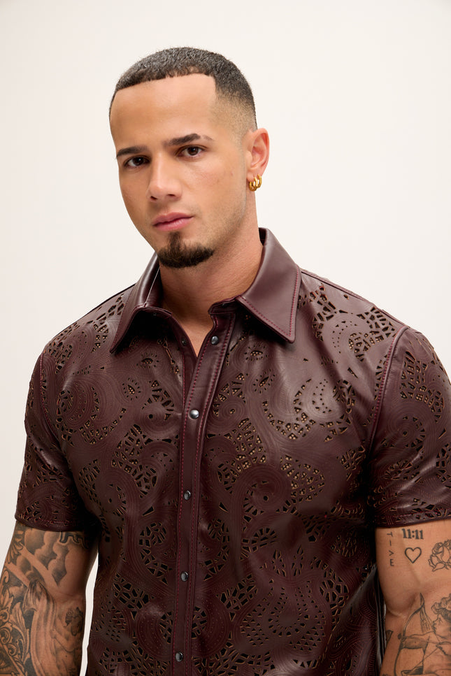 Men's Cut-out Laser Leather Shirt - Wine - Ron Tomson Leather