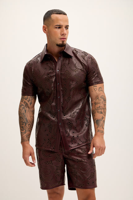Men's Cut-out Laser Leather Shirt - Wine - Ron Tomson Leather
