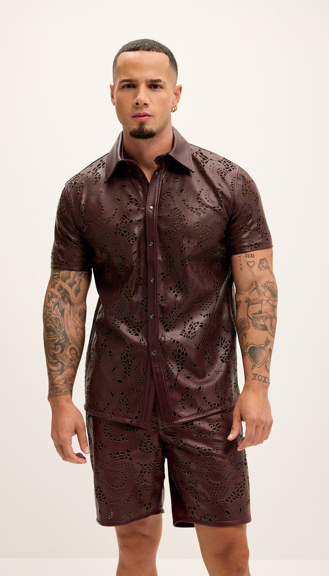Cut - out Laser Leather Shirt - Wine - Ron Tomson