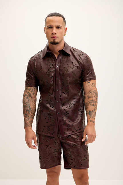 Men's Cut-out Laser Leather Shirt - Wine - Ron Tomson