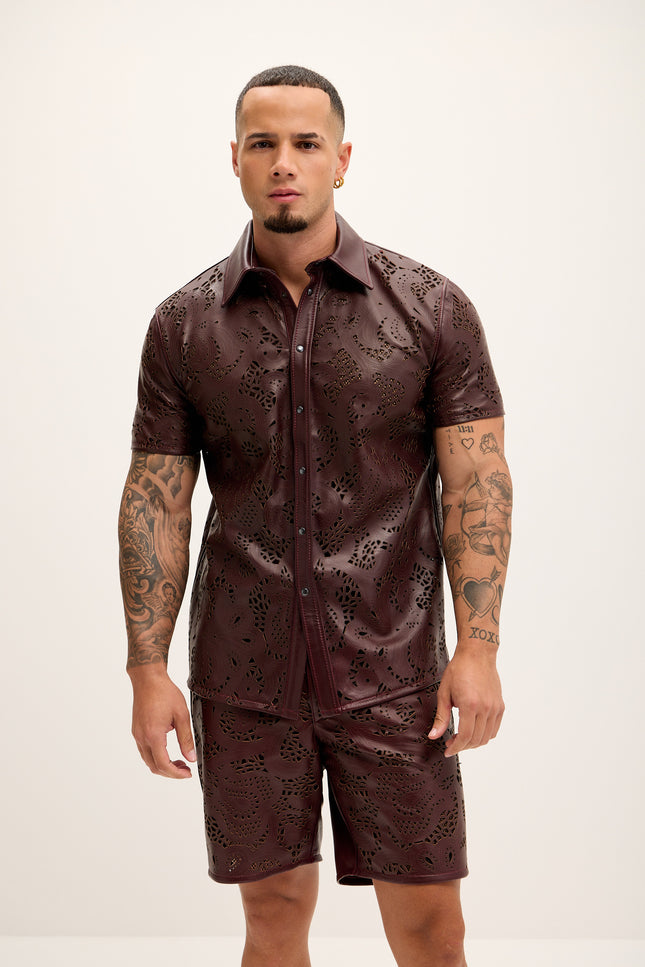 Men's Cut-out Laser Leather Shirt - Wine - Ron Tomson