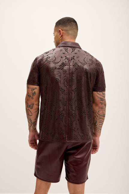 Men's Cut-out Laser Leather Shirt - Wine - Ron Tomson Leather