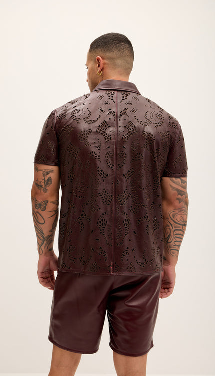 Cut - out Laser Leather Shirt - Wine - Ron Tomson
