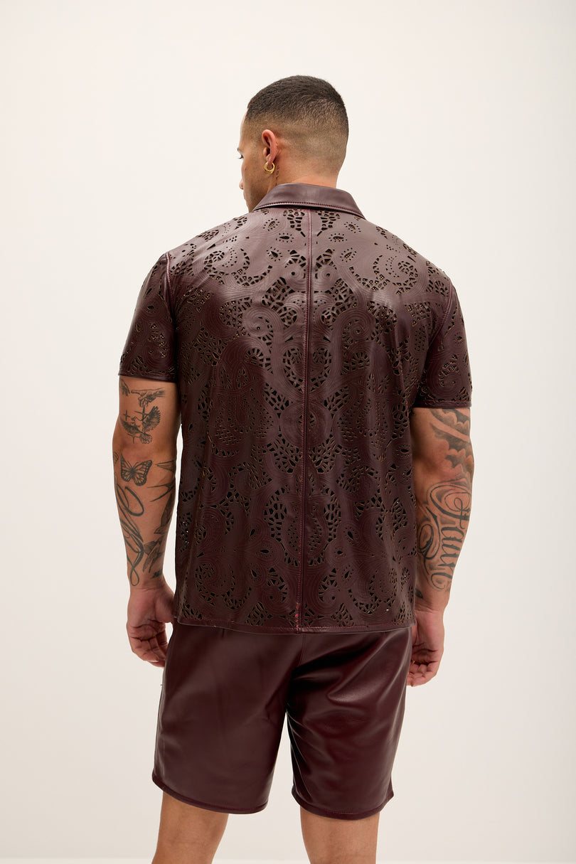 Men's Cut-out Laser Leather Shirt - Wine - Ron Tomson Leather
