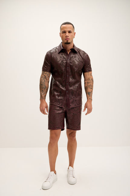 Men's Cut-out Laser Leather Shirt - Wine - Ron Tomson Leather
