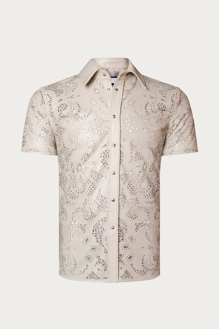 Men's Cut-out Laser Leather Shirt - Beige - Ron Tomson Leather
